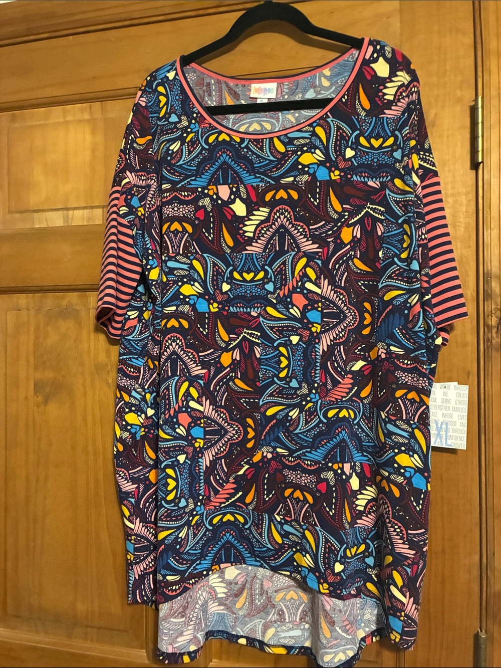 LuLaRoe Navy Floral-Paisley Multicolor Tunic with Coral Trim